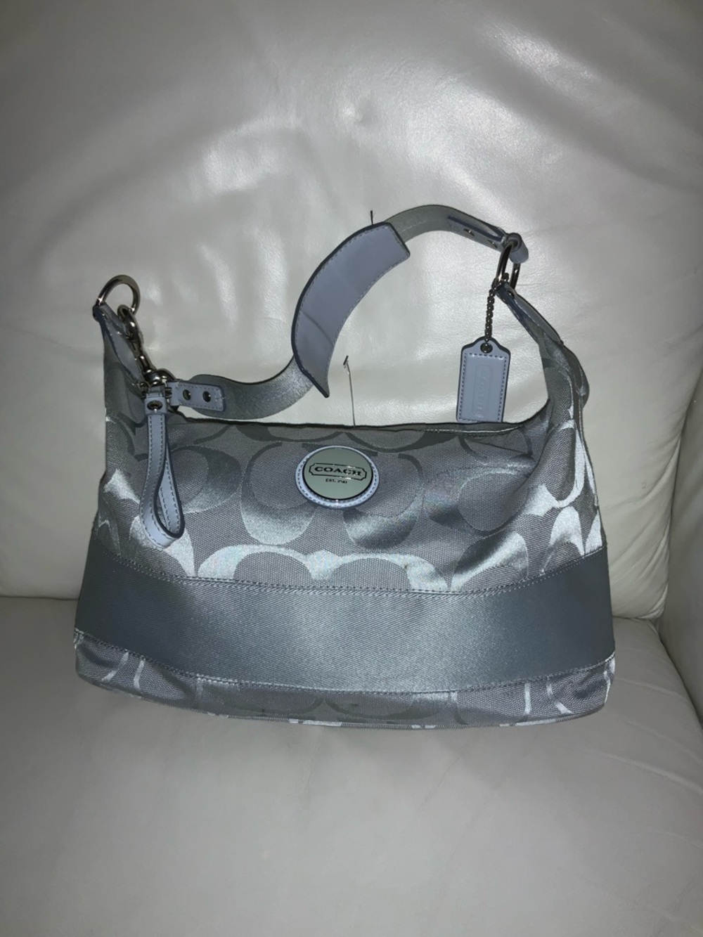 COACH - F17434 Light Blue & Grey Signature Stripe Large HOBO Bag. Barely used.